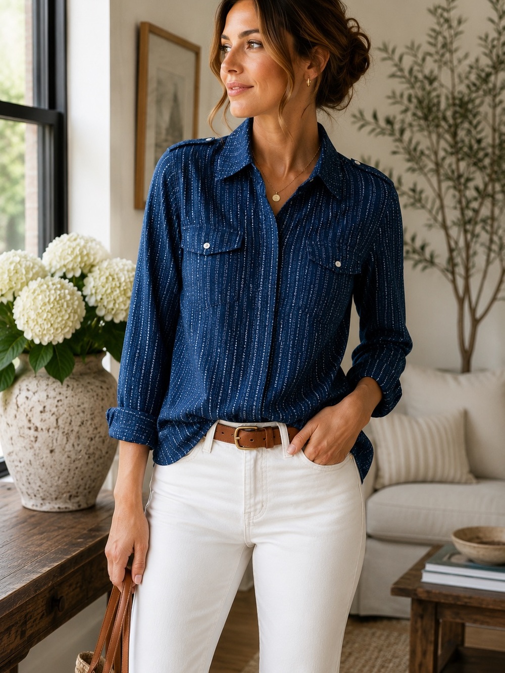 Lauren Jeans Co Ralph Lauren Blue Western Cotton Button Front Shirt Small